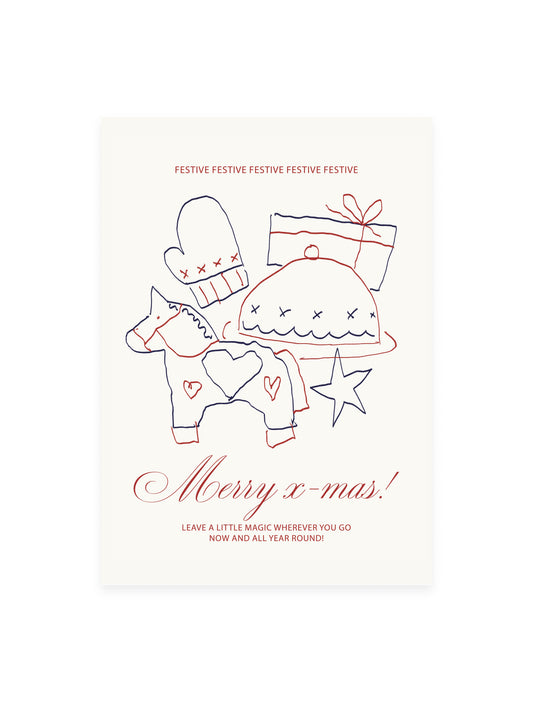 Postkarte 'Merry x-mas' Dalapferd (Risographie)